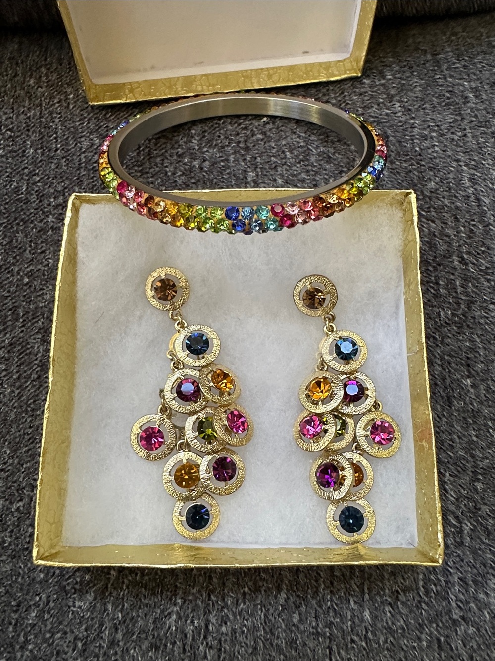 Gold-Tone Multicolor Crystal Drop Earrings and Bangle Set